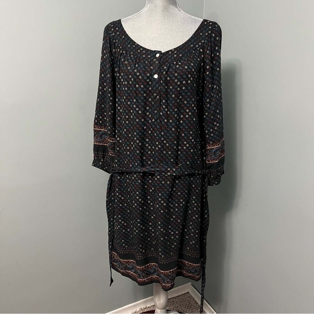 LUCKY BRAND boho Floral belted long sleeve dress size medium bohemian peasant